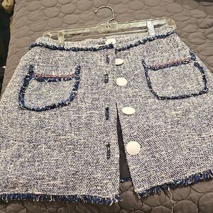 Zara Blue Tweed Fringe Pocket Button-Front Skirt Size M